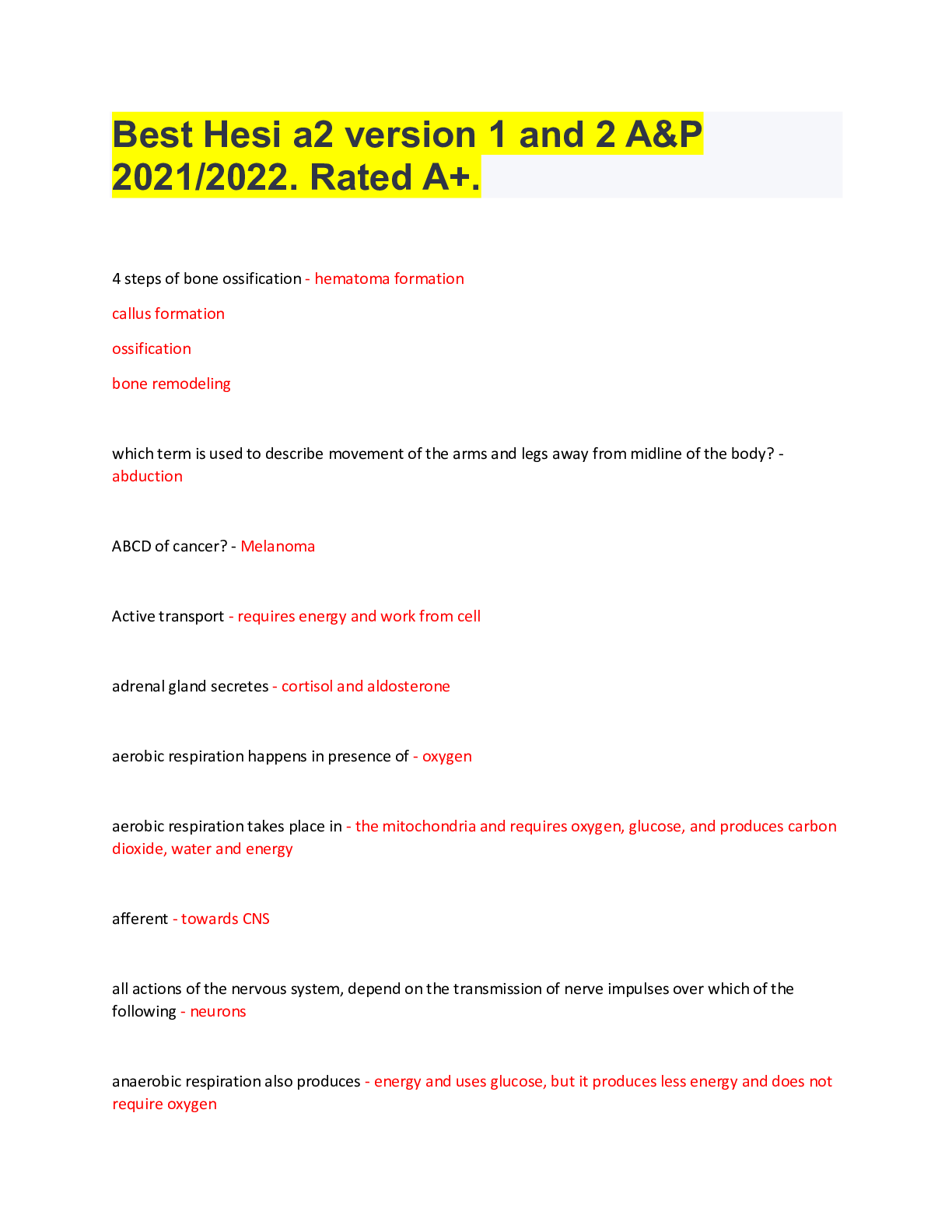 Preview of Best Hesi a2 version 1 and 2 A&P 2021/2022. Rated A+